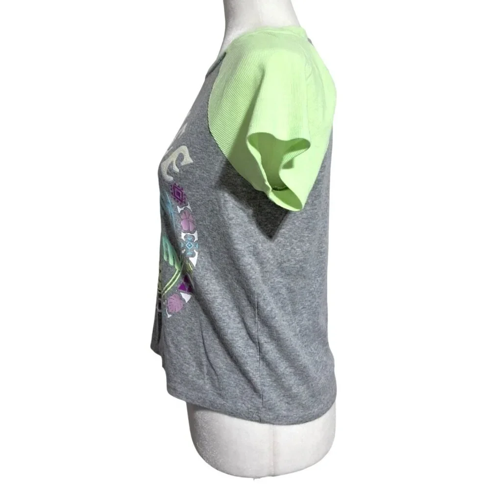 Justice Girls XL Gray & Green Raglan Crop Top With Sequin Lettering & Palm‎ Tree